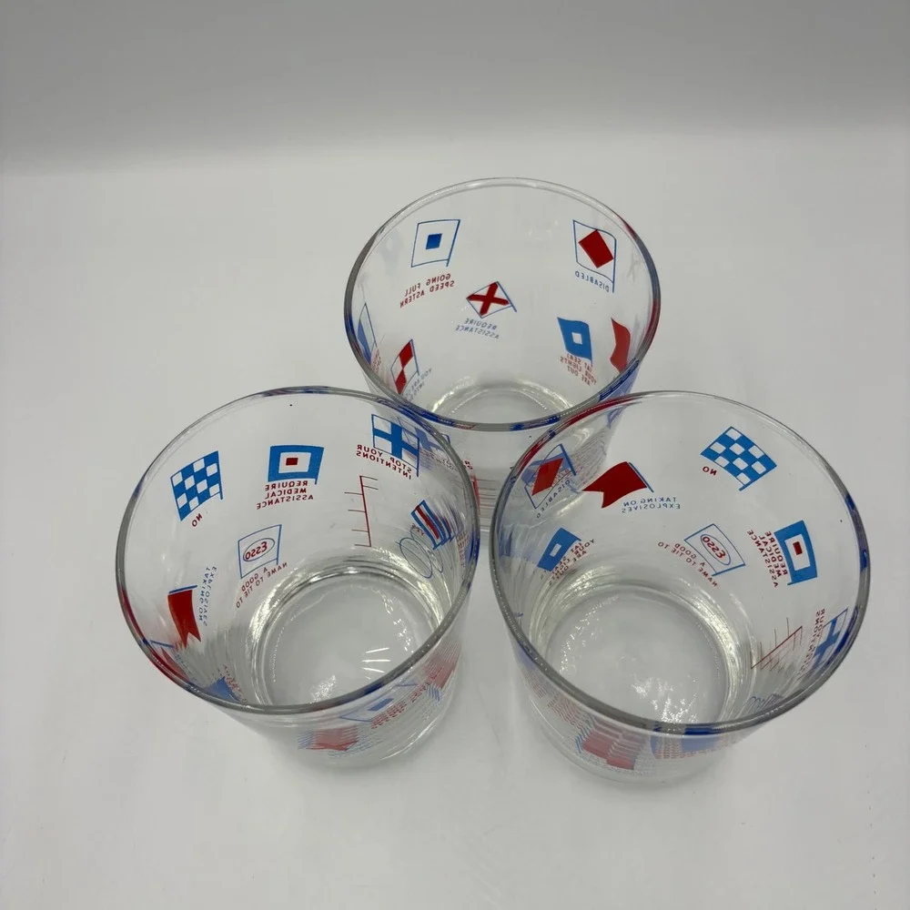 Esso Nautical Signal Flag Rocks Glasses Set of 3 Clear Red Blue Good Vintage